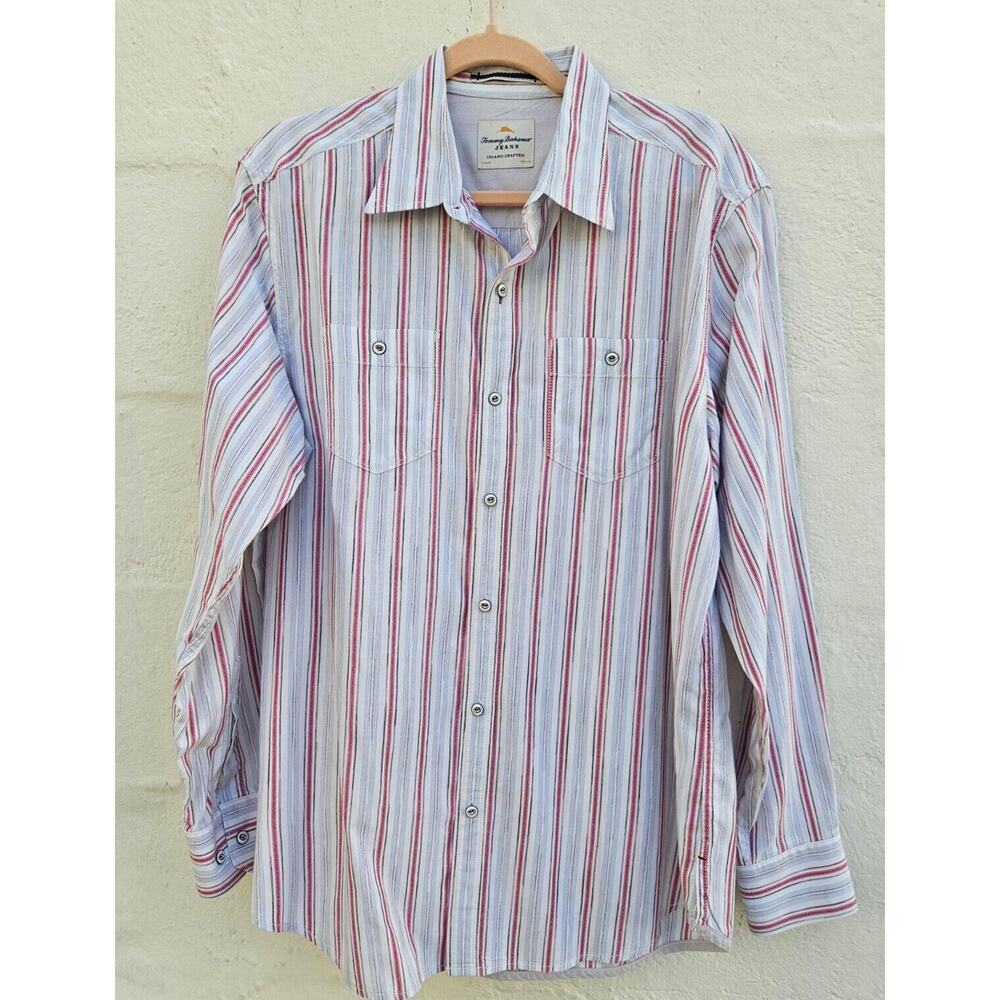 Tommy Bahama Mens Shirt Medium Pink Blue‎ Stripe Island Crafted Button Front LS